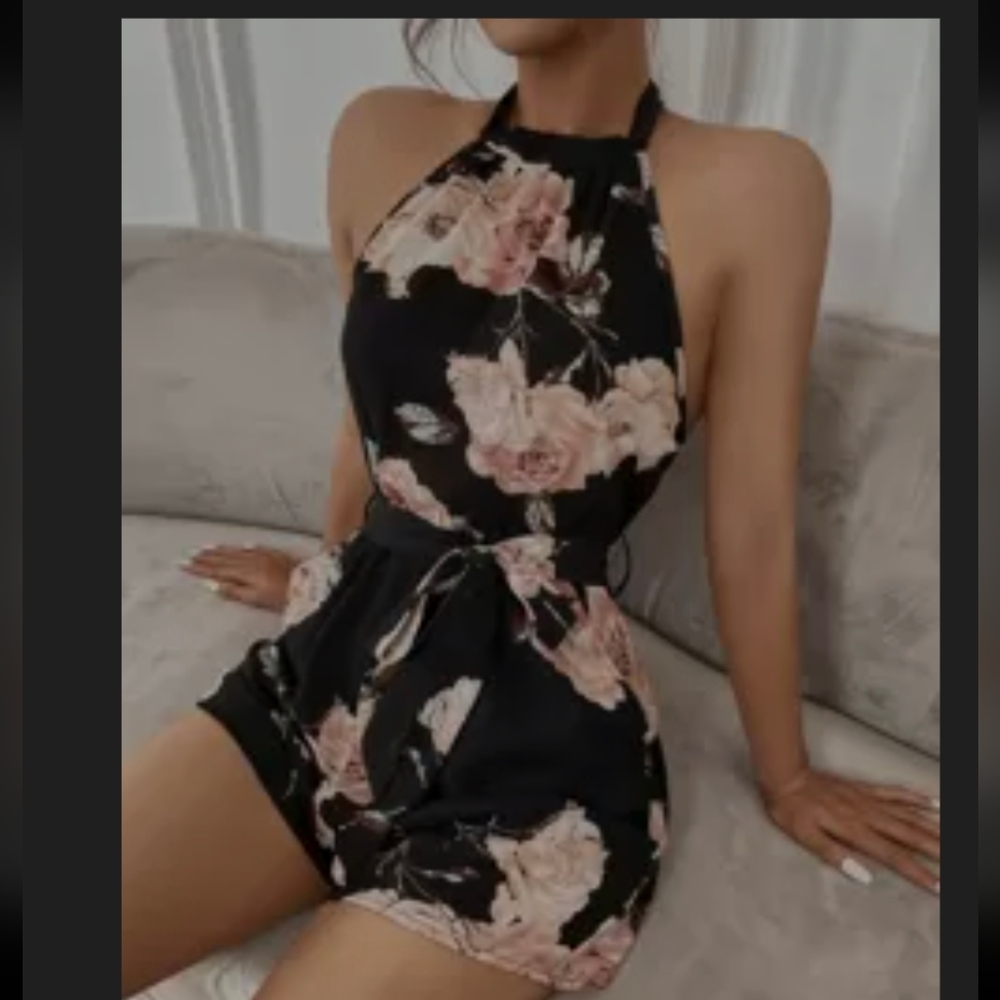 SHEIN Black and Cream Floral Dress